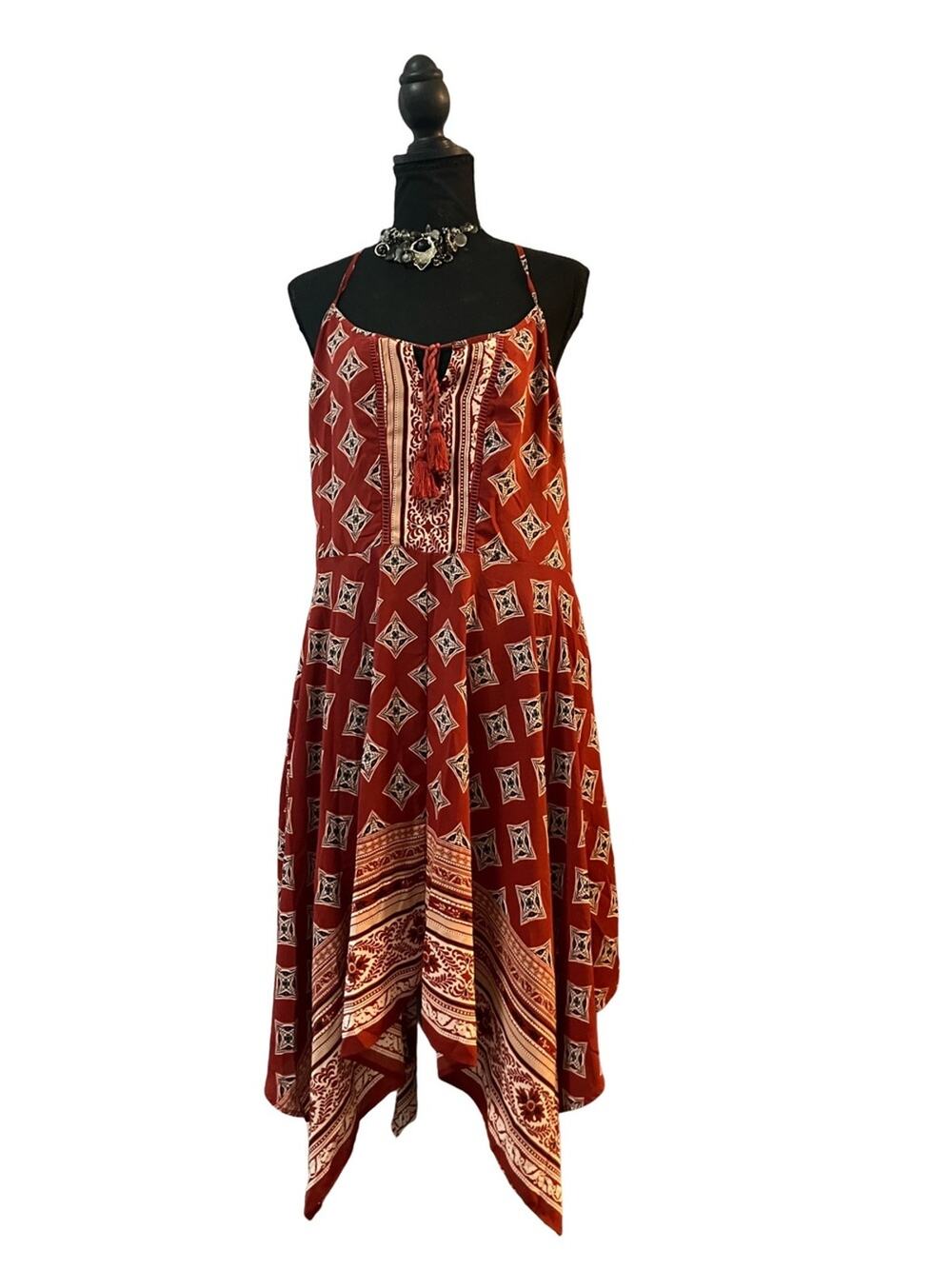 Xhilaration Burnt Orange Printed Asymmetrical Handkerchief Hem Dress XXL
